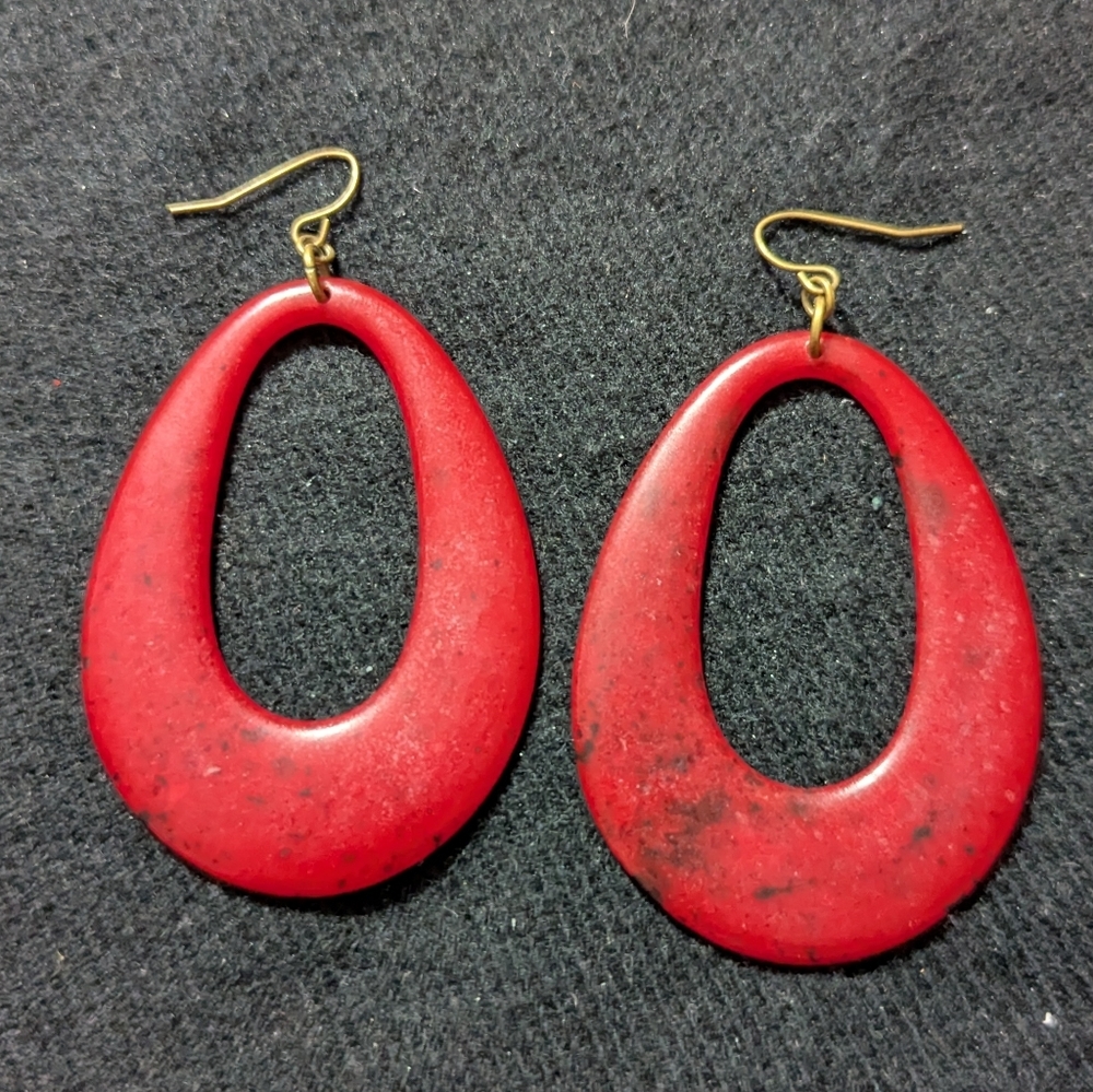 Red With Black Swirl Lightweight Resin Teardrop Statement Earrings